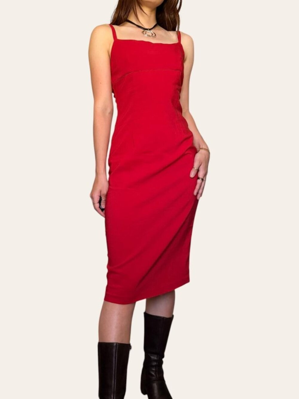 90s vintage Lucent cherry red square neck cocktail midi dress